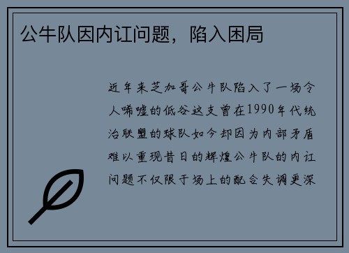 公牛队因内讧问题，陷入困局