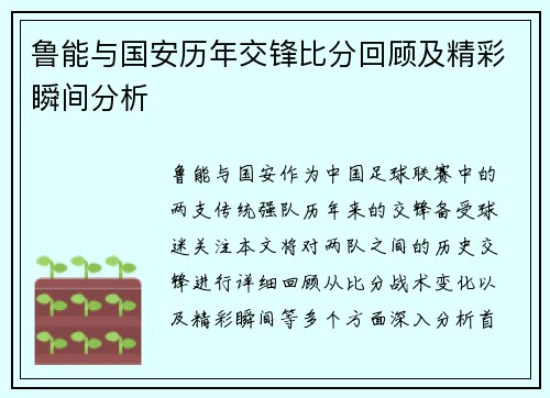鲁能与国安历年交锋比分回顾及精彩瞬间分析